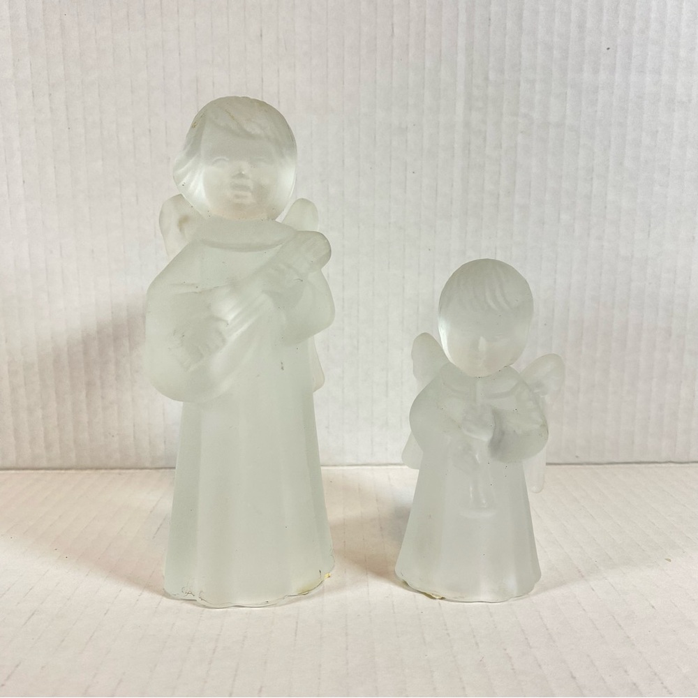 2 Satin Frosted Glass Musician Angels Taper Candle Holders